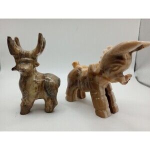 2 Vintage Carved Alabaster Marble 1 Donkey Mule Burro 1 Deer Inlaid Turquoise